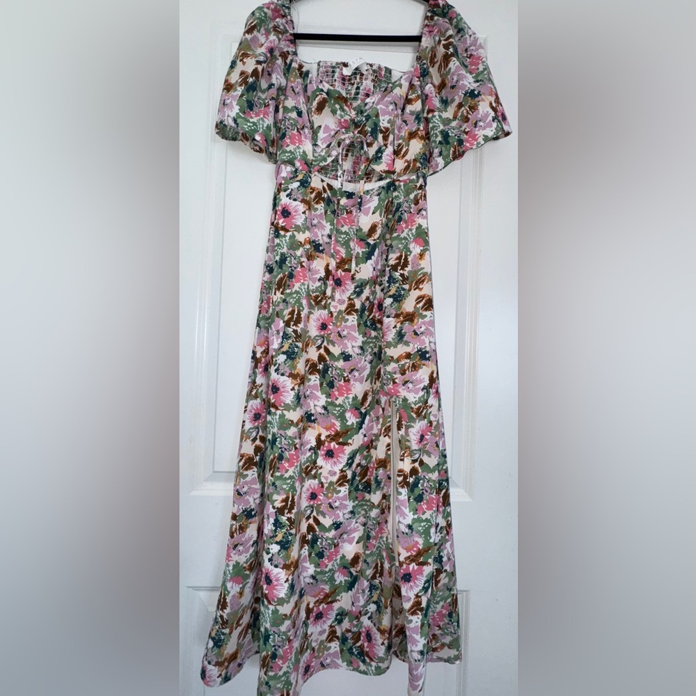 Floral Tie-Front Midi Dress Pastel Multi Floral Cutout sz s - Picture 4 of 12